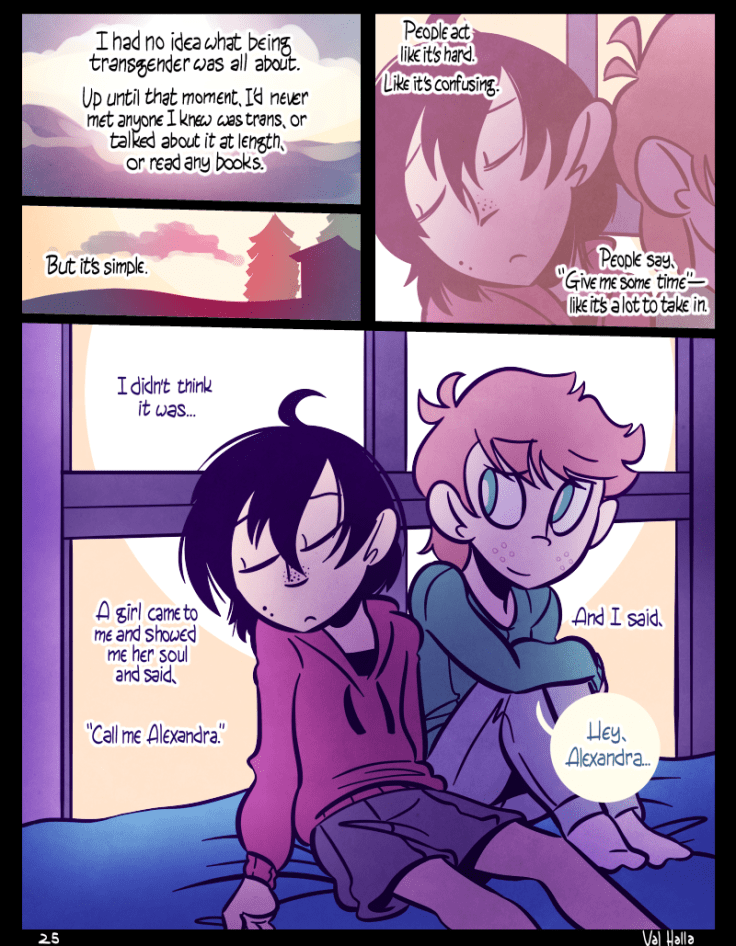 I had no idea what being transgender was all about. Up until that moment, I'd never met anyone I knew who was trans, or talked about it at length, or read any books. / But it's simple. / People act like it's hard. Like it's confusing. People say, 'Give me some time' - like it's a lot to take in. / I didn't think it was... A girl came to me and showed me her soul and said. '