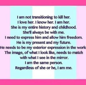 I am not transitioning to kill her. I love her. I know her. I am her. She is my entire history and childhood. She'll always be with me. I need to express him and allow him freedom. He is my present and my future. He needs to be my exterior expression in the world. The image of what I look like needs to match with what I see in the mirror. I am the same person Regardless of she or he, I am me.